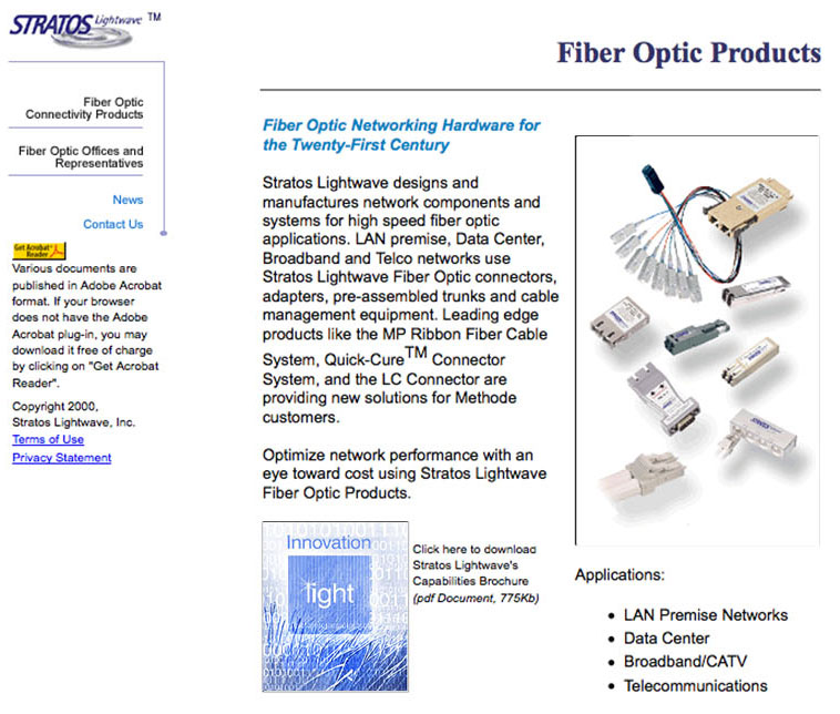 Methode Fiber Optic Products Landing Page - Oct 1999